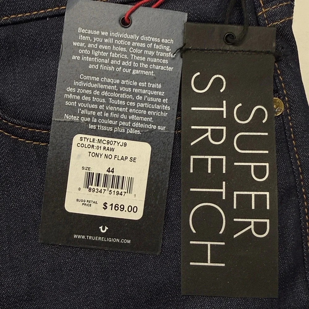 True Religion Tony Skinny Mens Jeans 44 x 32 Indigo Blue Super Stretch Denim NWT